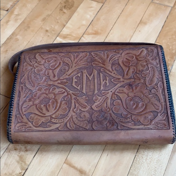 Tooled Brown Leather Western Bag Silver Concho - Picture 6 of 8